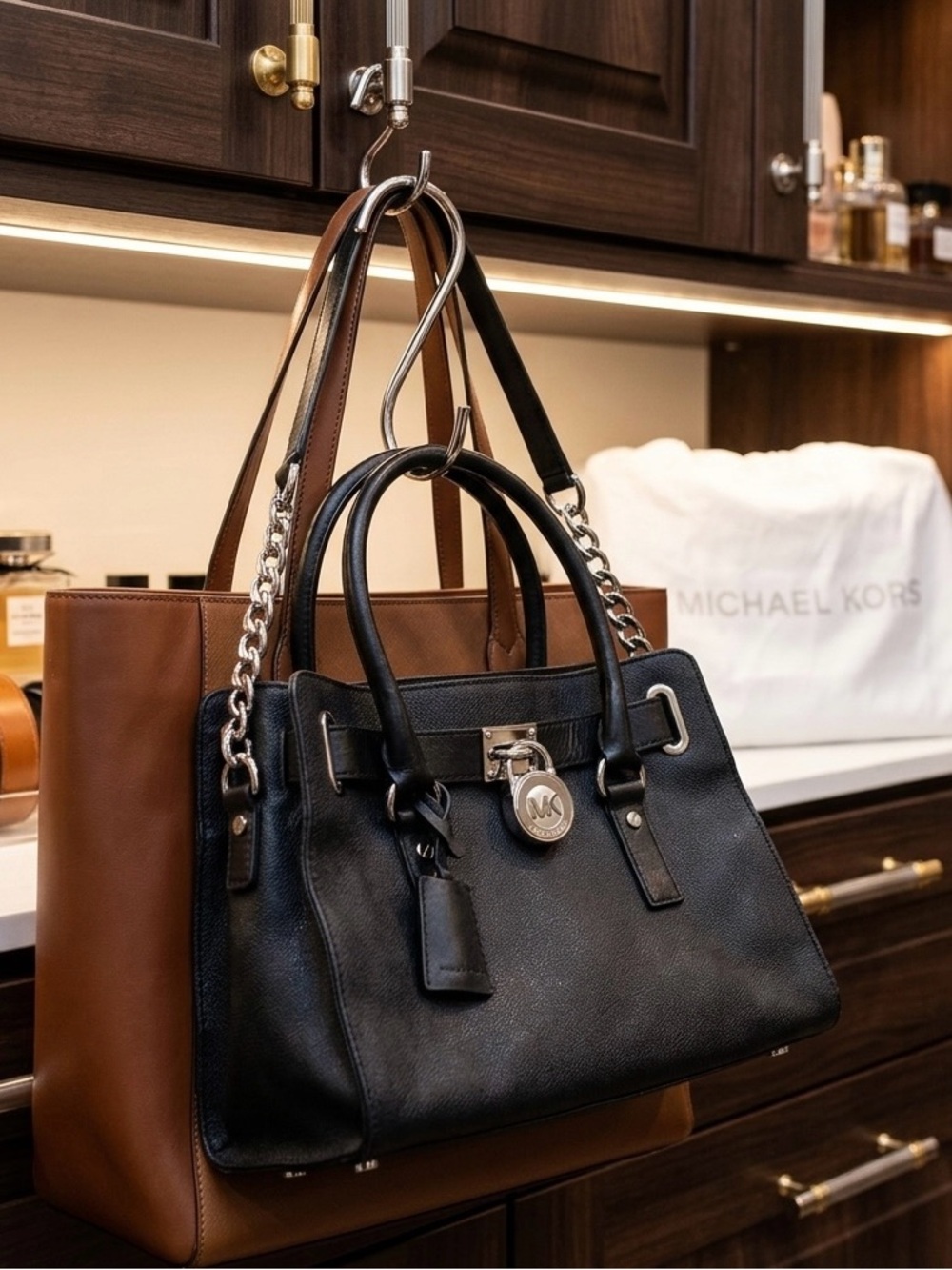 Michael Kors Black Leather Satchel with Silver Hardware